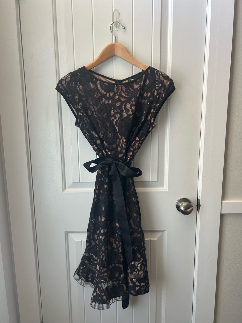 S.L. Fashions Black Lace Midi Dress with Nude Lining
